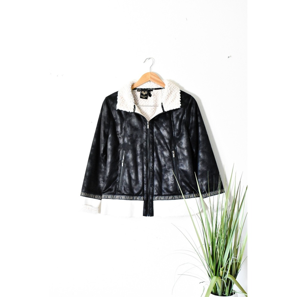Wooly Bully Wear Faux Leather Sherpa Jacket Women Large Black Y2K Greek Key Trim
